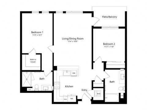 Floor plan for 2 beds, 2 baths, 1142 sqft